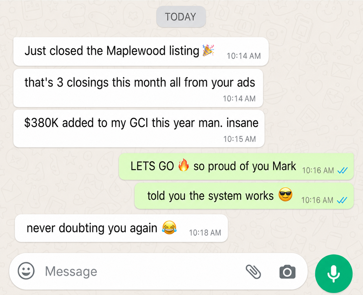 WhatsApp message from Mark T. — 3 closings this month, $380K added to GCI