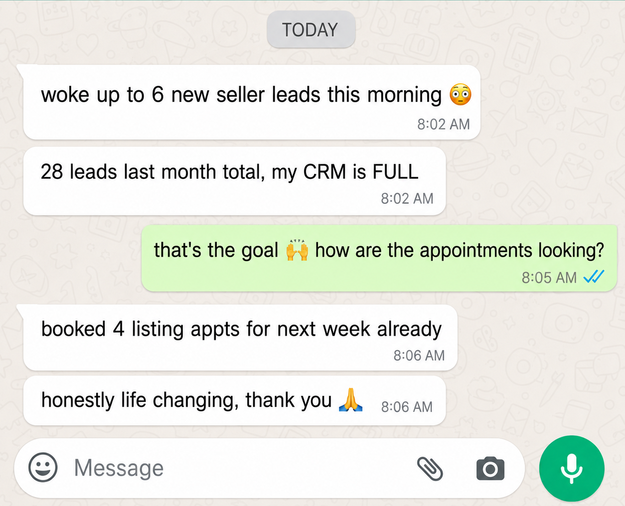WhatsApp message from Karen F. — 6 new seller leads overnight, 28 leads last month