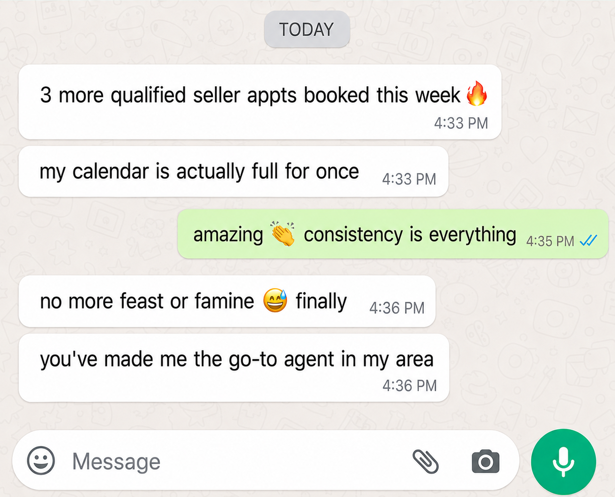 WhatsApp message from Amanda L. — 3 more qualified seller appointments booked this week