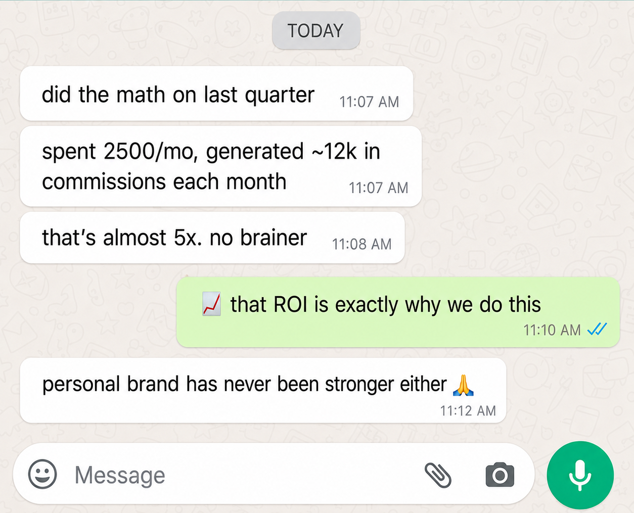 WhatsApp message from Mike R. — spent $2,500/mo, generated ~$12K in commissions, almost 5x ROI
