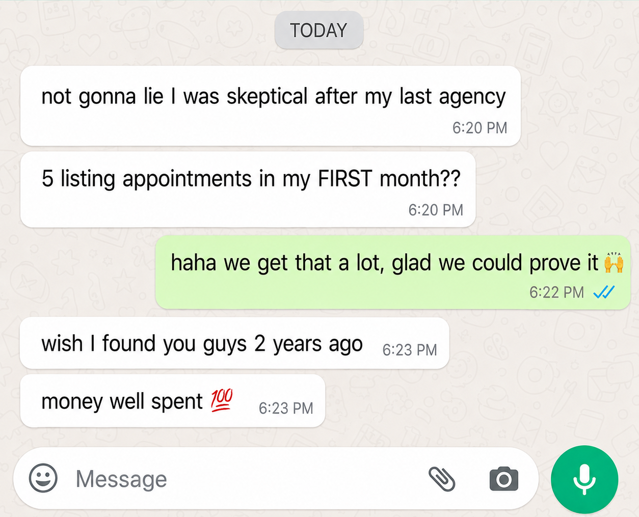 WhatsApp message from David K. — 5 listing appointments in his first month