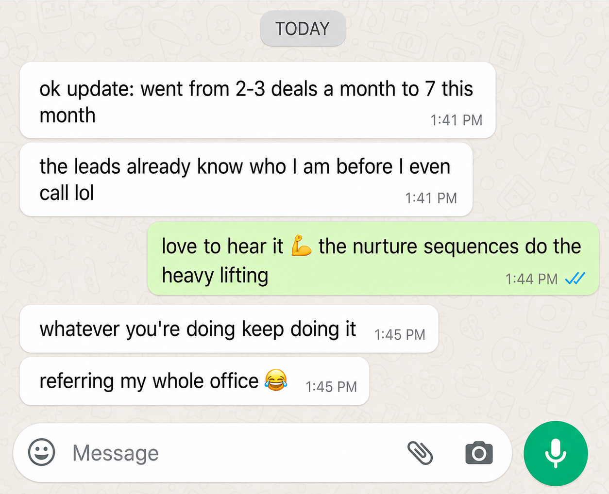 WhatsApp message from Sarah T. — went from 2-3 deals a month to 7 this month